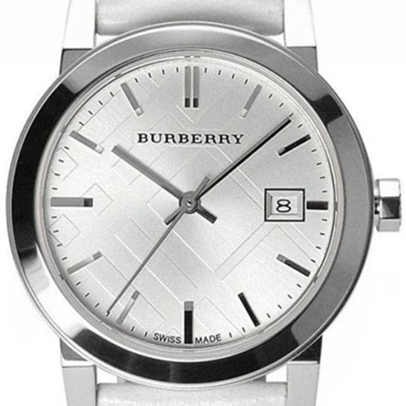 Burberry Accessories - BURBERRY Womens Silver & White Leather Watch Swiss Made 34mm BU9128